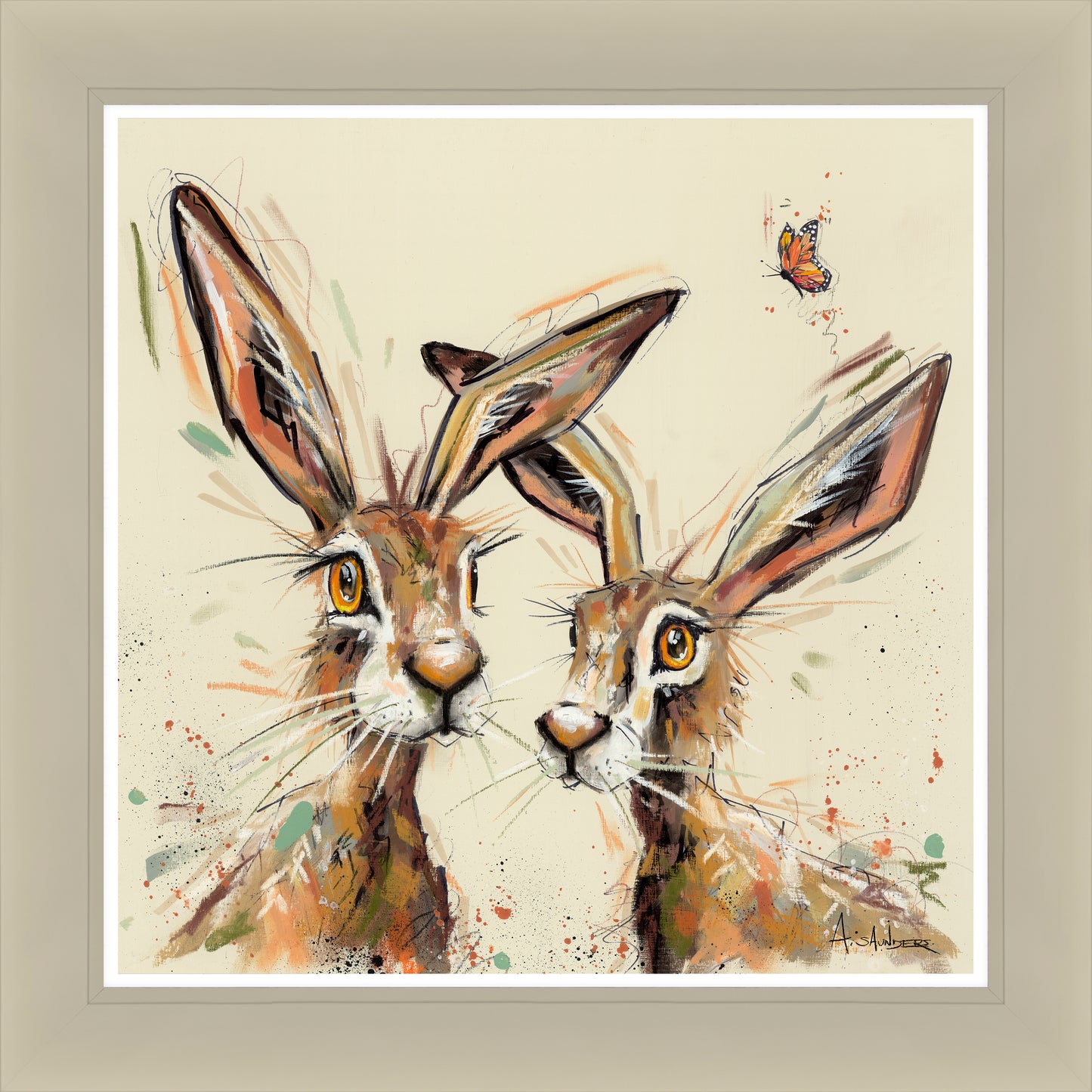 Framed artwork of two hares with a butterfly on a light gray background