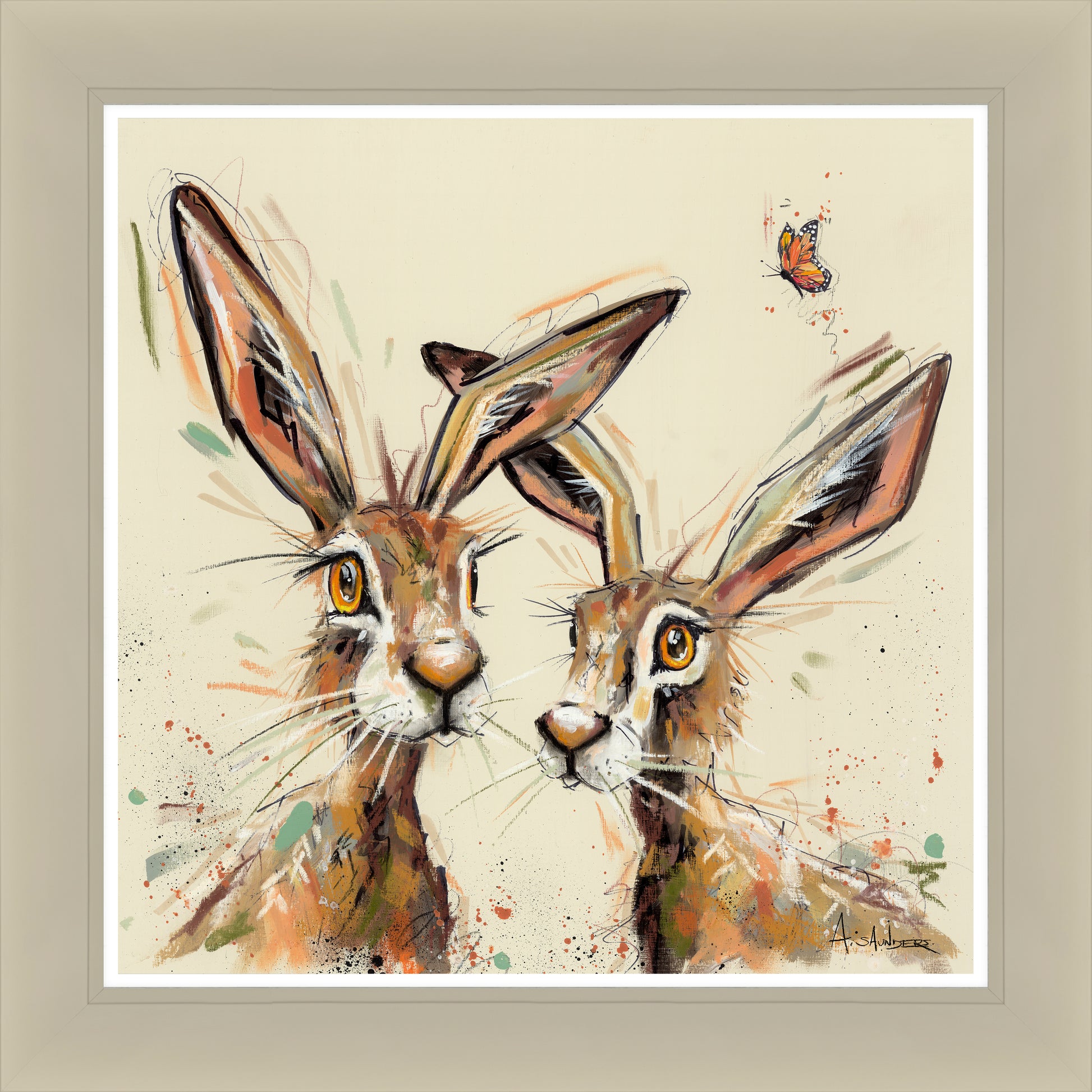 Framed artwork of two hares with a butterfly on a light gray background
