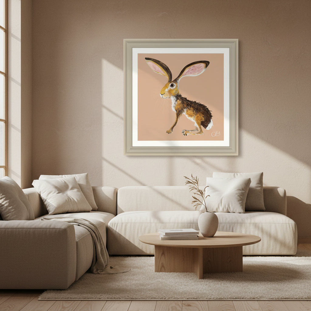 Whimsical brown hare with huge pink ears on peach background in a cream frame