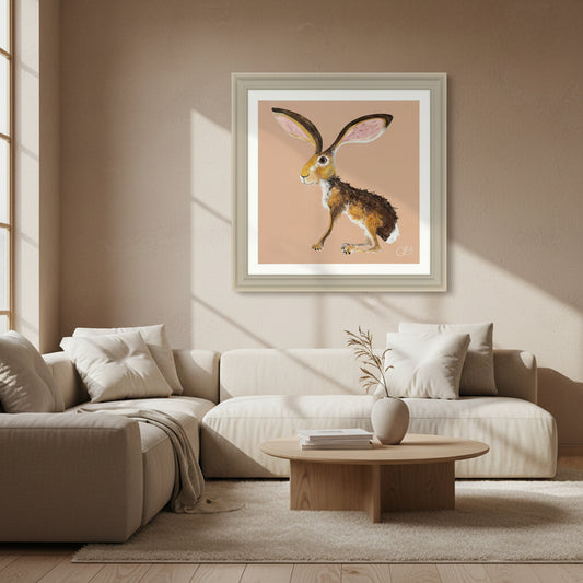 Whimsical brown hare with huge pink ears on peach background in a cream frame