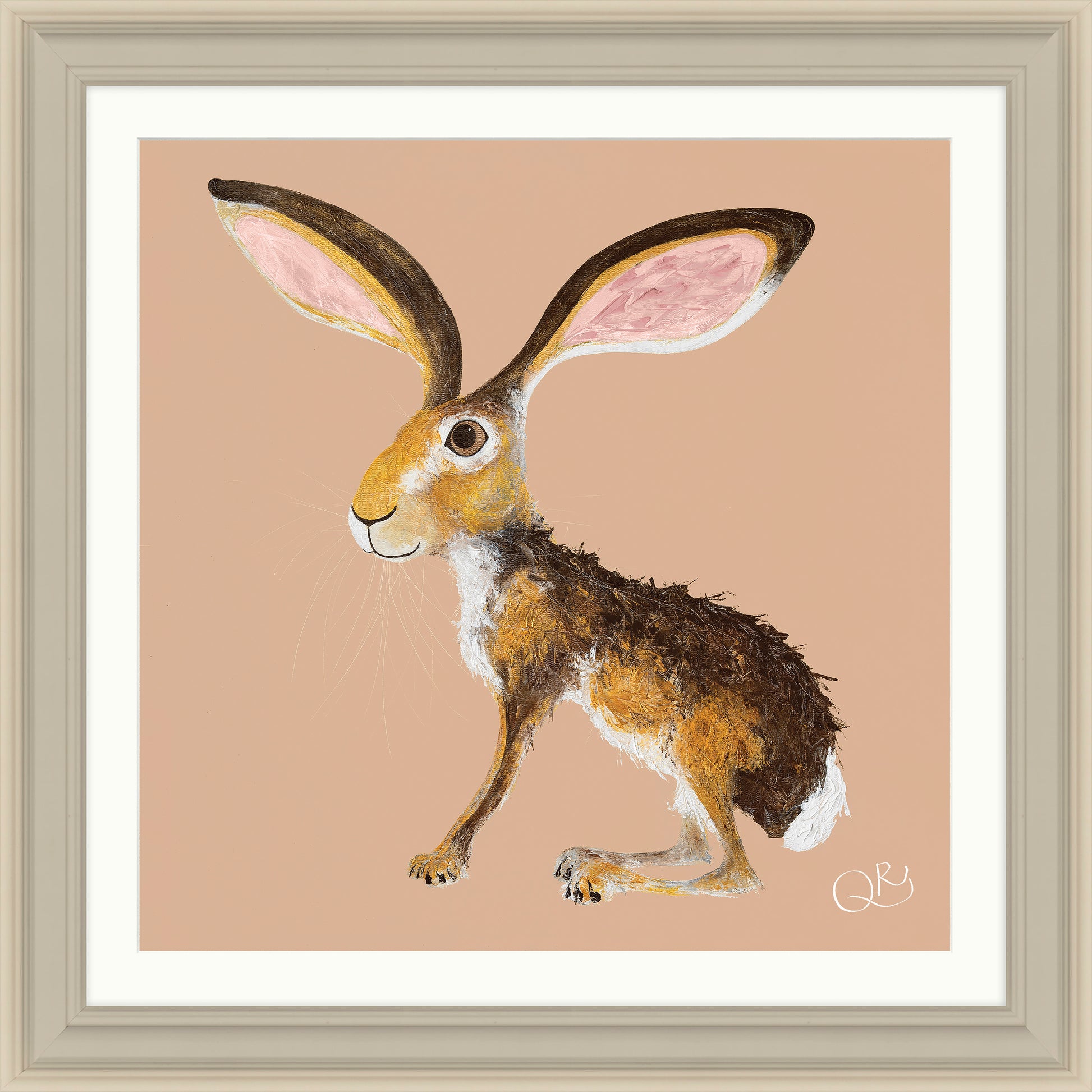 Whimsical brown hare with huge pink ears on a peach background in a light wooden frame.