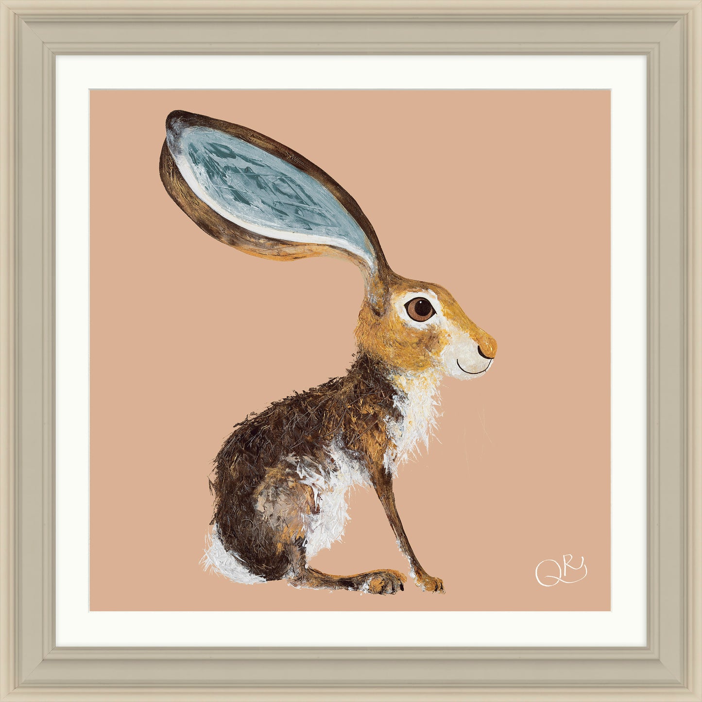 Framed painting of a brown hare with one oversized ear on a peach background.