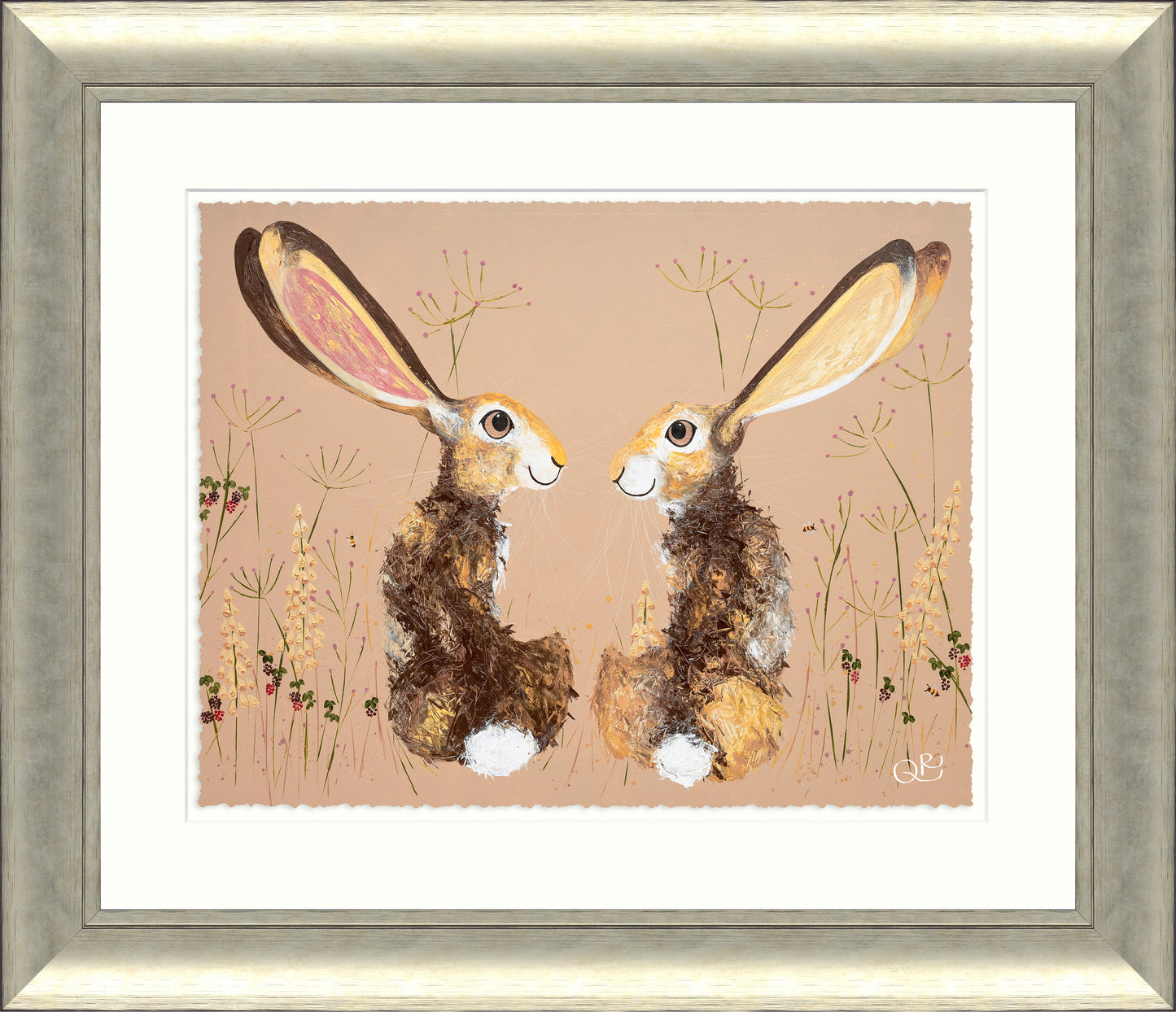 Painting of two brown hares facing each other in a beige meadow with tall flowers, silver frame