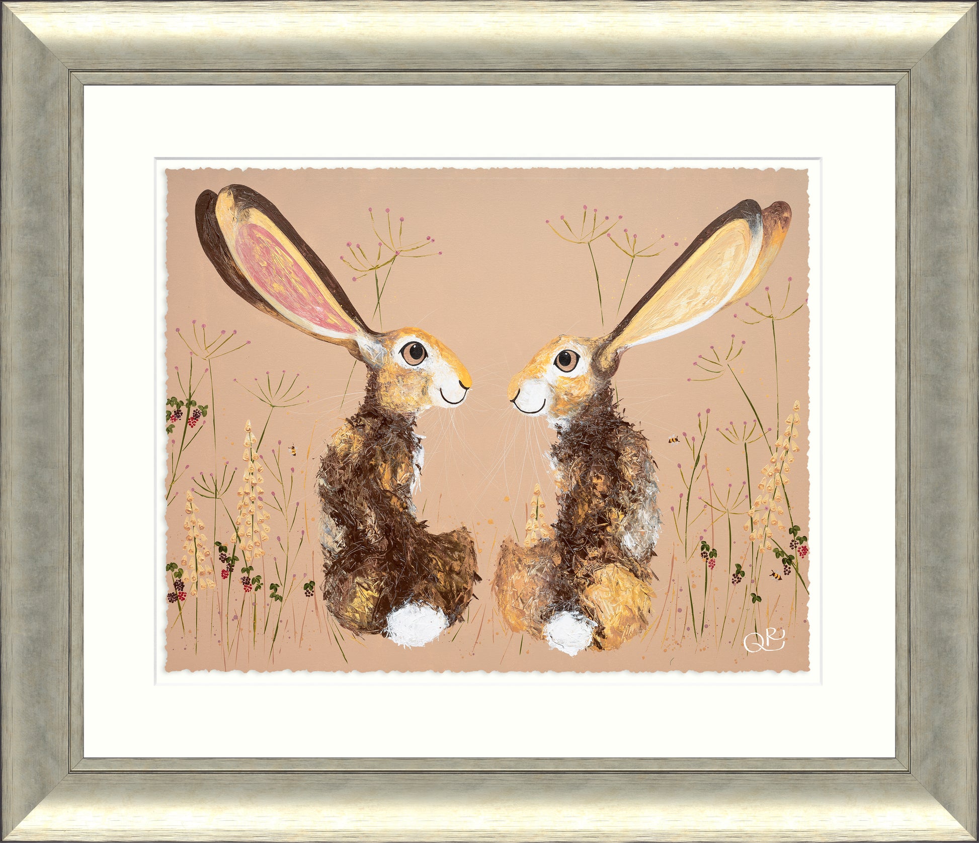 Painting of two brown hares facing each other in a beige meadow with tall flowers, silver frame