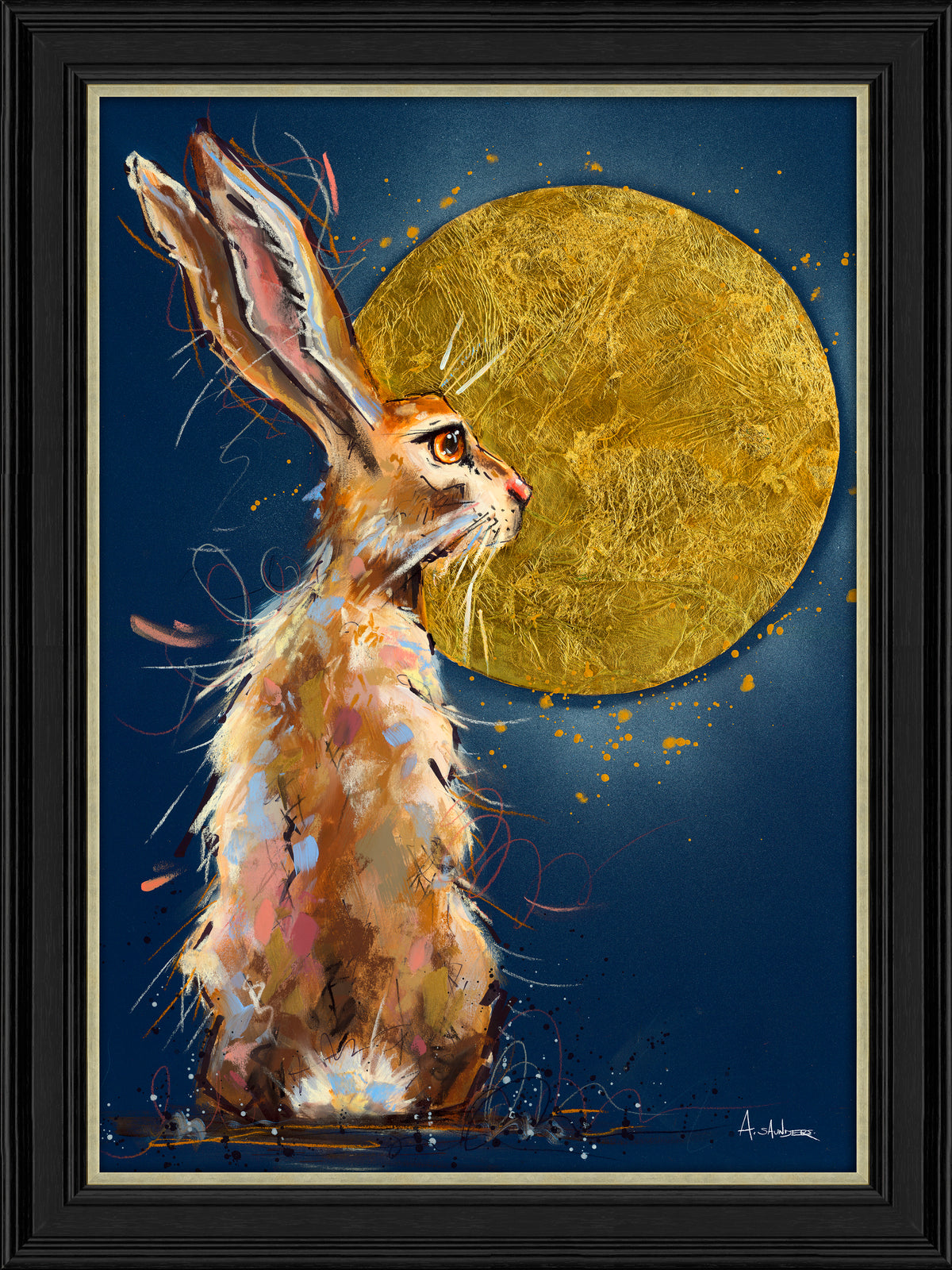 Framed painting of a brown hare in profile facing right, set against a deep blue background with a large textured gold moon. The artwork is presented in a black frame with a white mat.