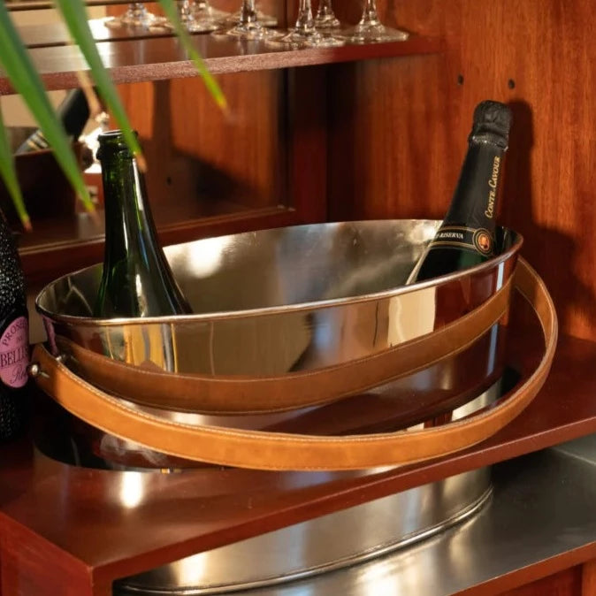 Champagne Cooler with Leather Handle – Elegant and Functional Drink Chiller
