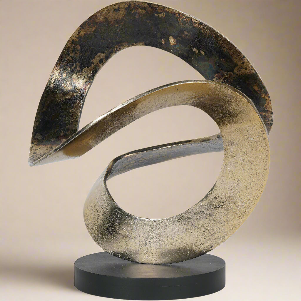 Aged Gold Knot Sculpture on Black Wooden Base – Contemporary & Rustic Décor