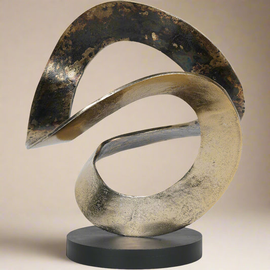 Aged Gold Knot Sculpture on Black Wooden Base – Contemporary & Rustic Décor