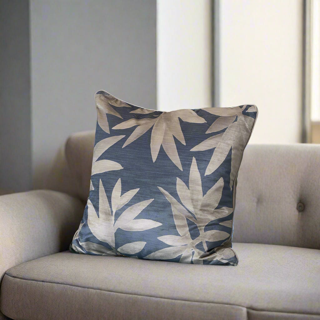 Blue Floral Velvet Cushion with Duck Feather Pad – 50 x 50cm | Made in the UK