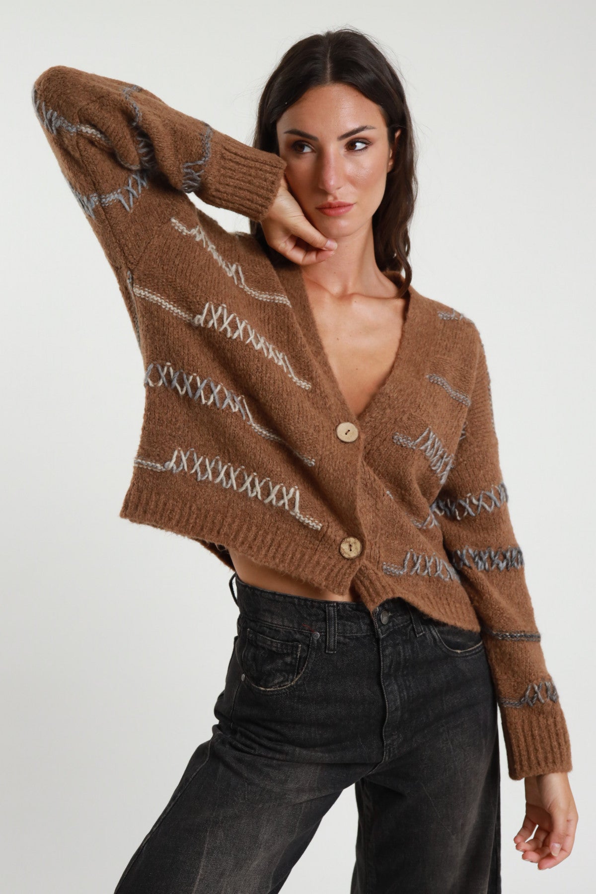 Brown Cardigan with Coloured Threads – Wool Blend Knit