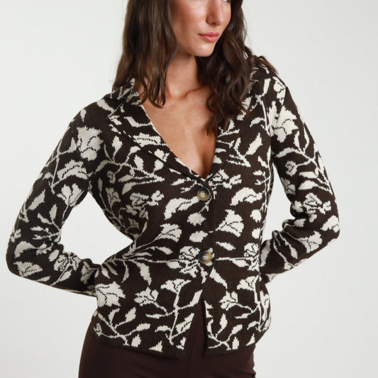 Brown & Cream Knitted Jacket Sweater with Revers – Wool Blend
