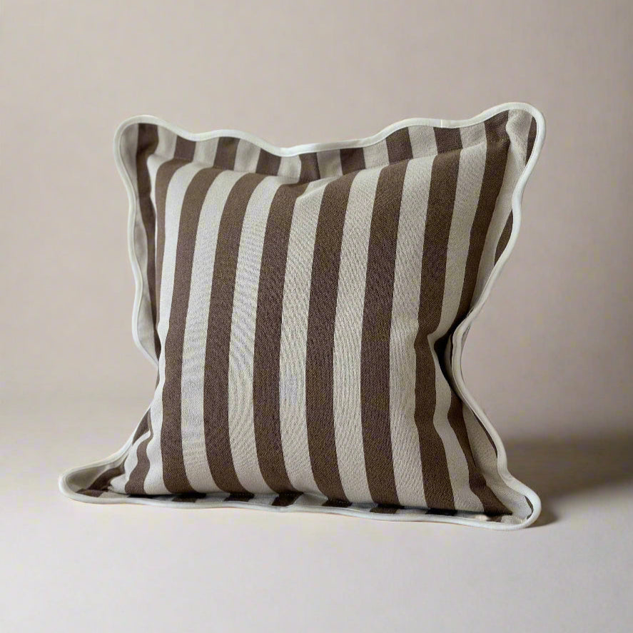 Brown & Cream Stripe Scalloped Edge Cushion with Feather Pad – 45 x 45cm
