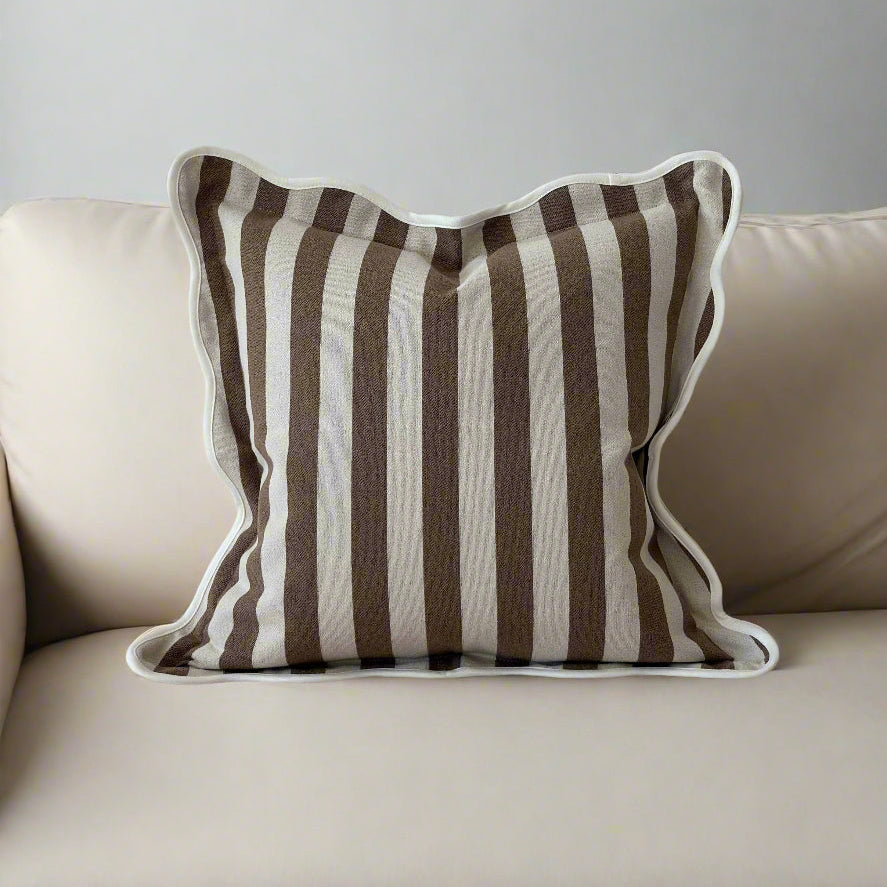 Brown & Cream Stripe Scalloped Edge Cushion with Feather Pad – 45 x 45cm