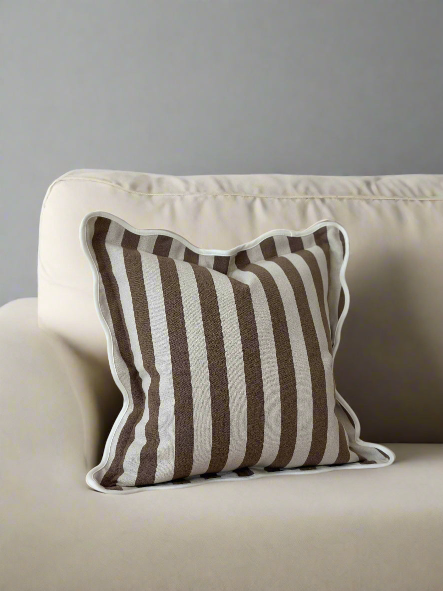 Brown & Cream Stripe Scalloped Edge Cushion with Feather Pad – 45 x 45cm