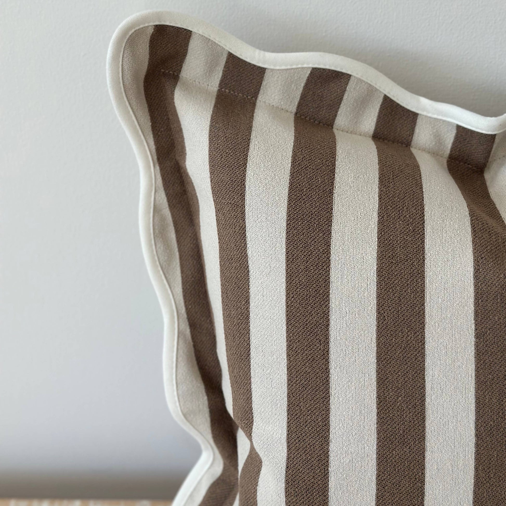 Brown & Cream Stripe Scalloped Edge Cushion with Feather Pad – 45 x 45cm