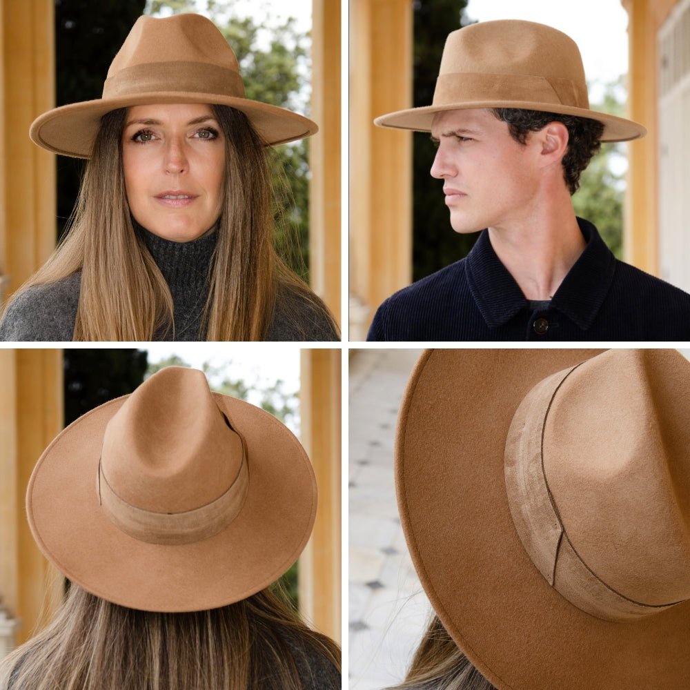 Camel Wool Wide Brim Hat with Large Suede Leather Band – Stylish & Durable