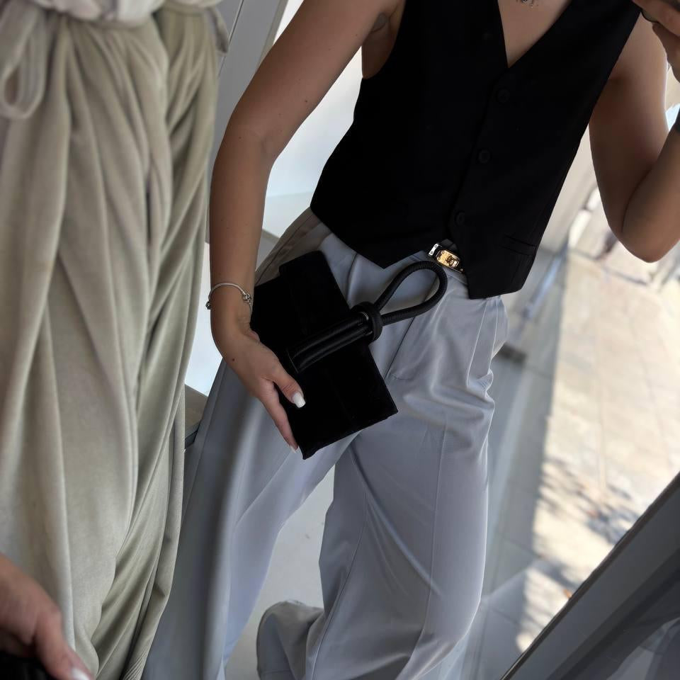 Calfskin Suede Mini Bag – Evening Clutch with Cuff & Strap - Black