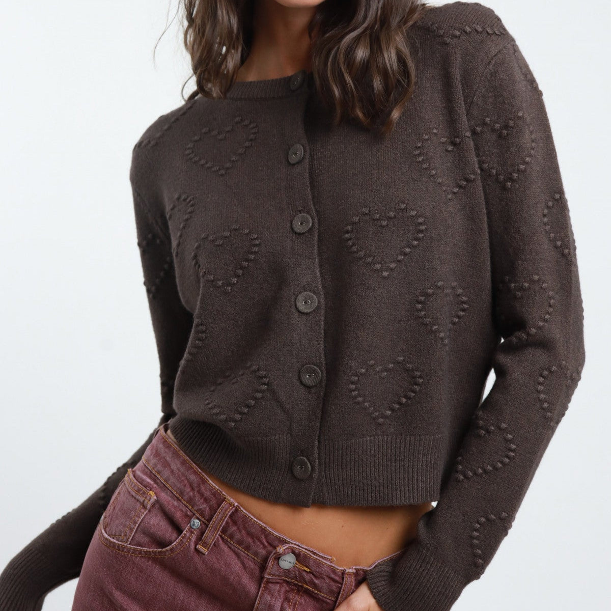 Cardigan with Hearts Embroidery – Button Closure -Brown