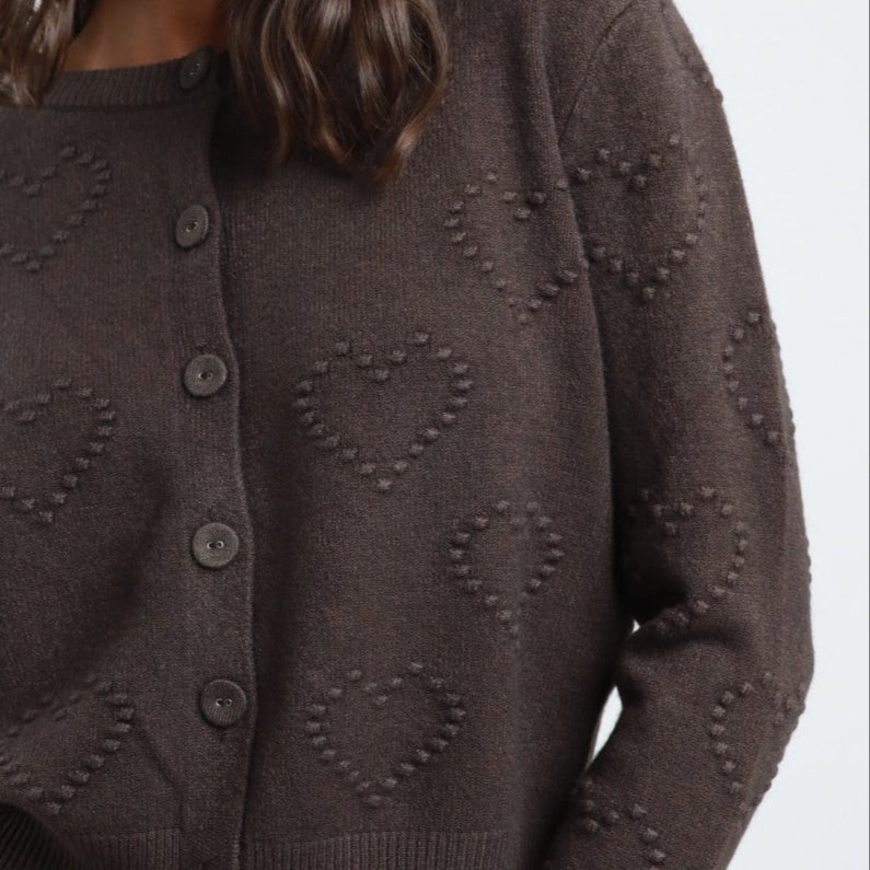 Cardigan with Hearts Embroidery – Button Closure -Brown