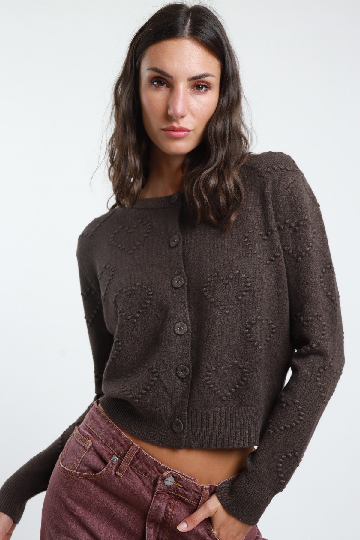 Cardigan with Hearts Embroidery – Button Closure -Brown