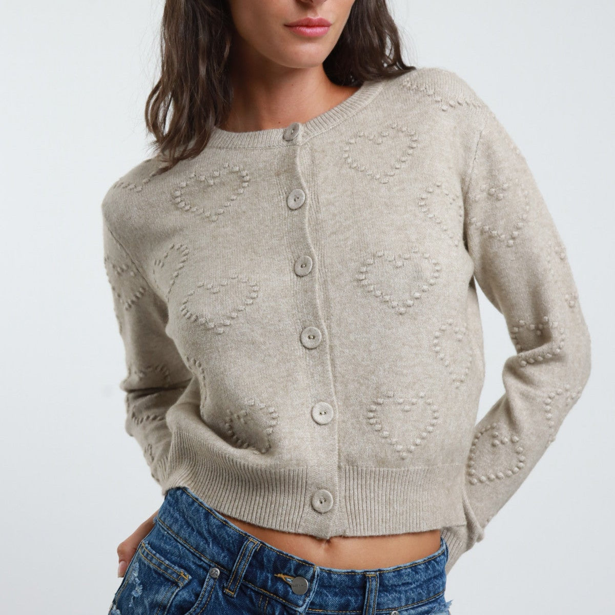Cardigan with Hearts Embroidery – Button Closure - Oat