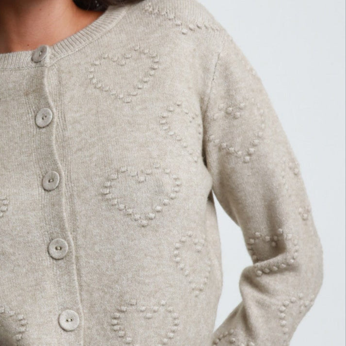 Cardigan with Hearts Embroidery – Button Closure - Oat