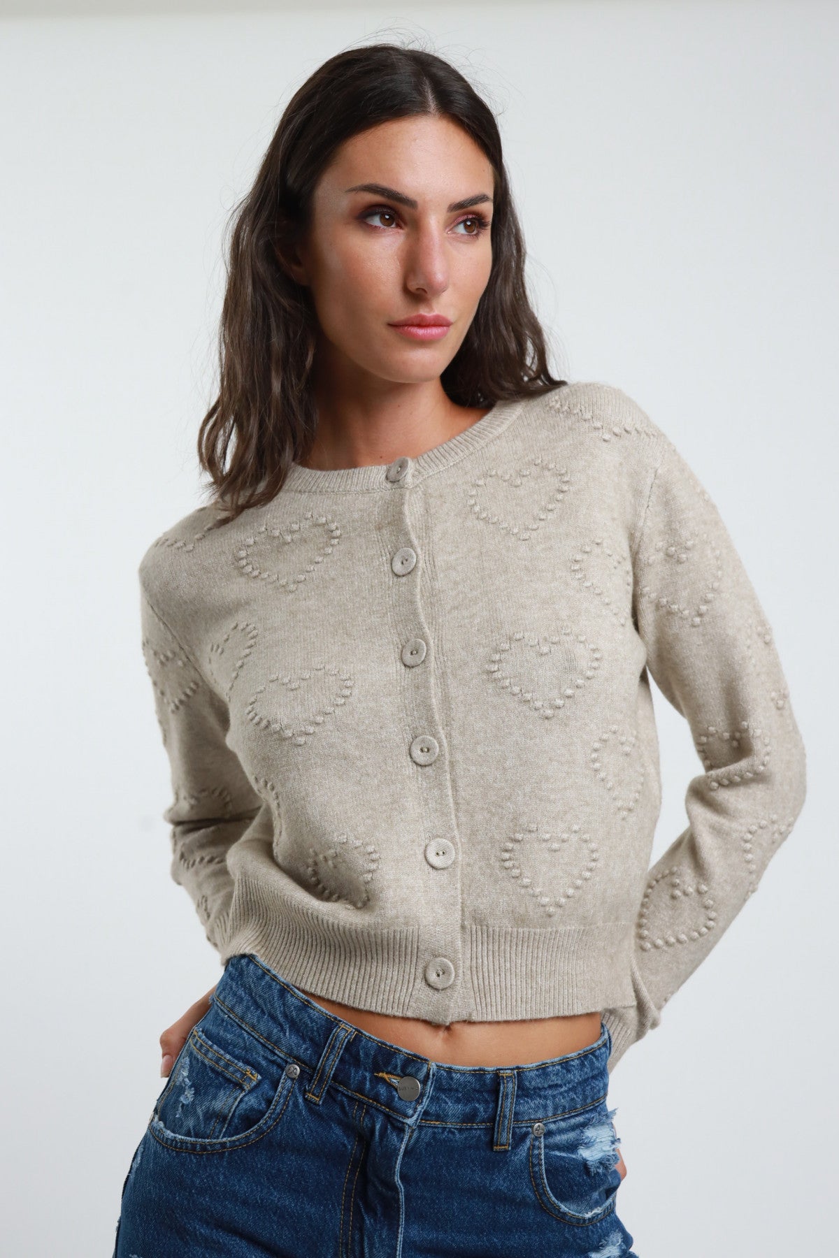 Cardigan with Hearts Embroidery – Button Closure - Oat