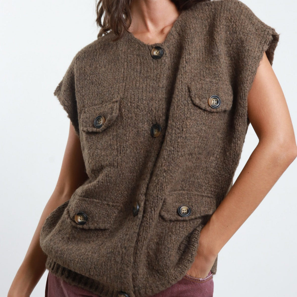 Chunky Knit Vest with Buttons & Faux Pockets - Brown