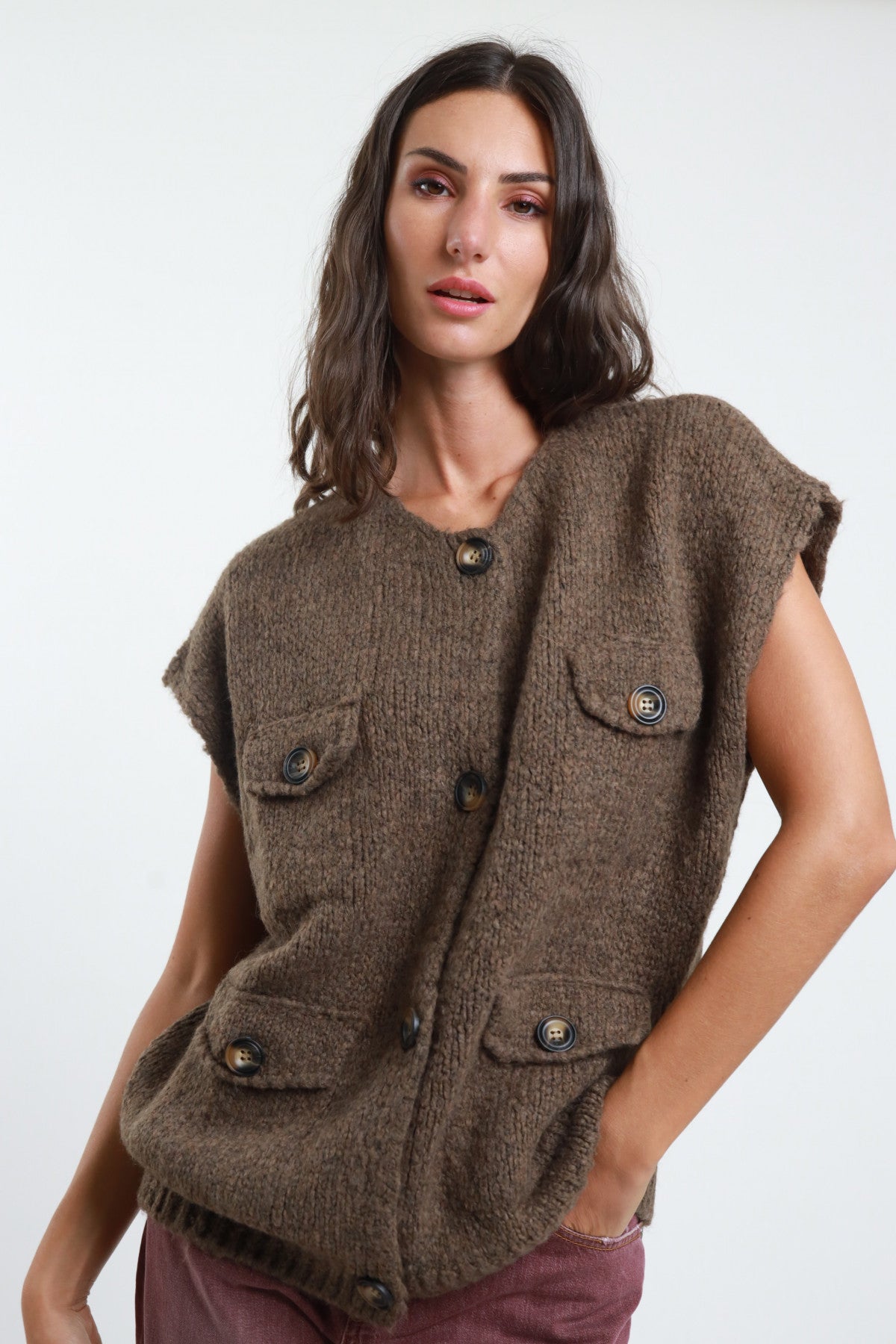 Chunky Knit Vest with Buttons & Faux Pockets - Brown