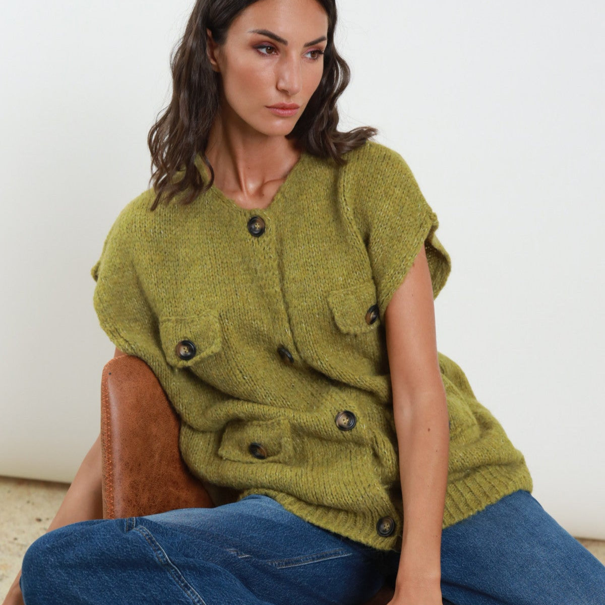 Chunky Knit Vest with Buttons & Faux Pockets - Olive
