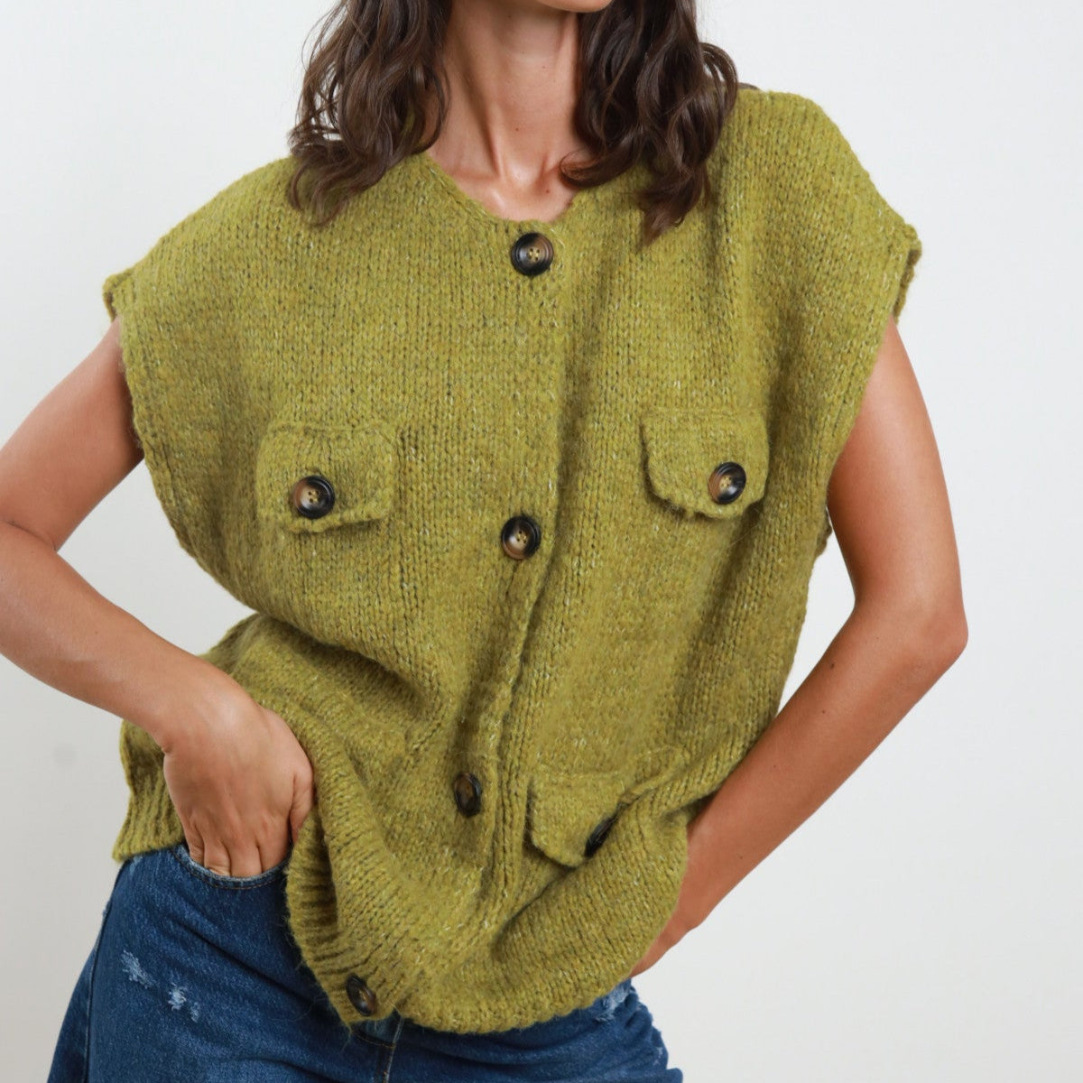Chunky Knit Vest with Buttons & Faux Pockets - Olive