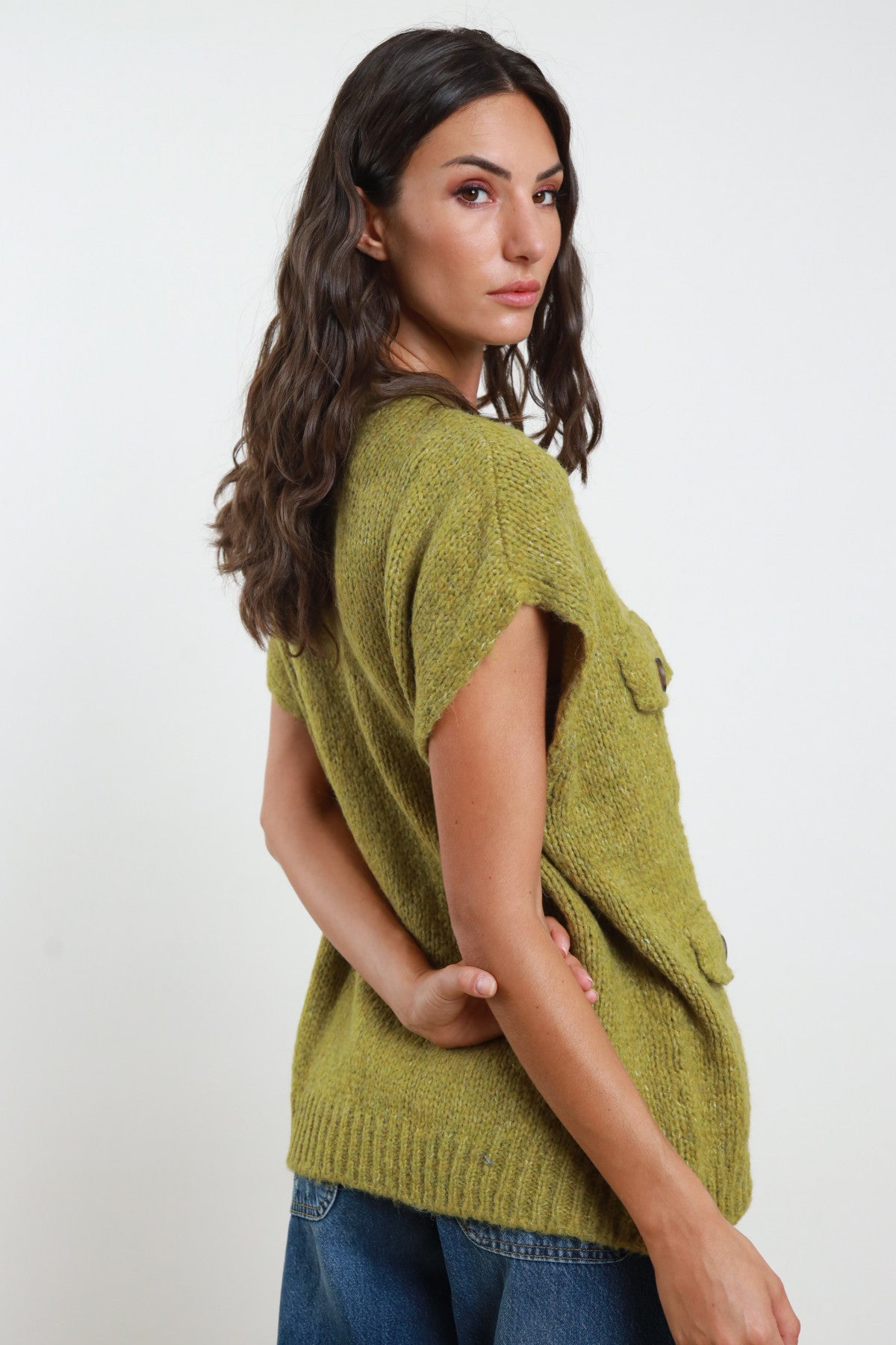 Chunky Knit Vest with Buttons & Faux Pockets - Olive