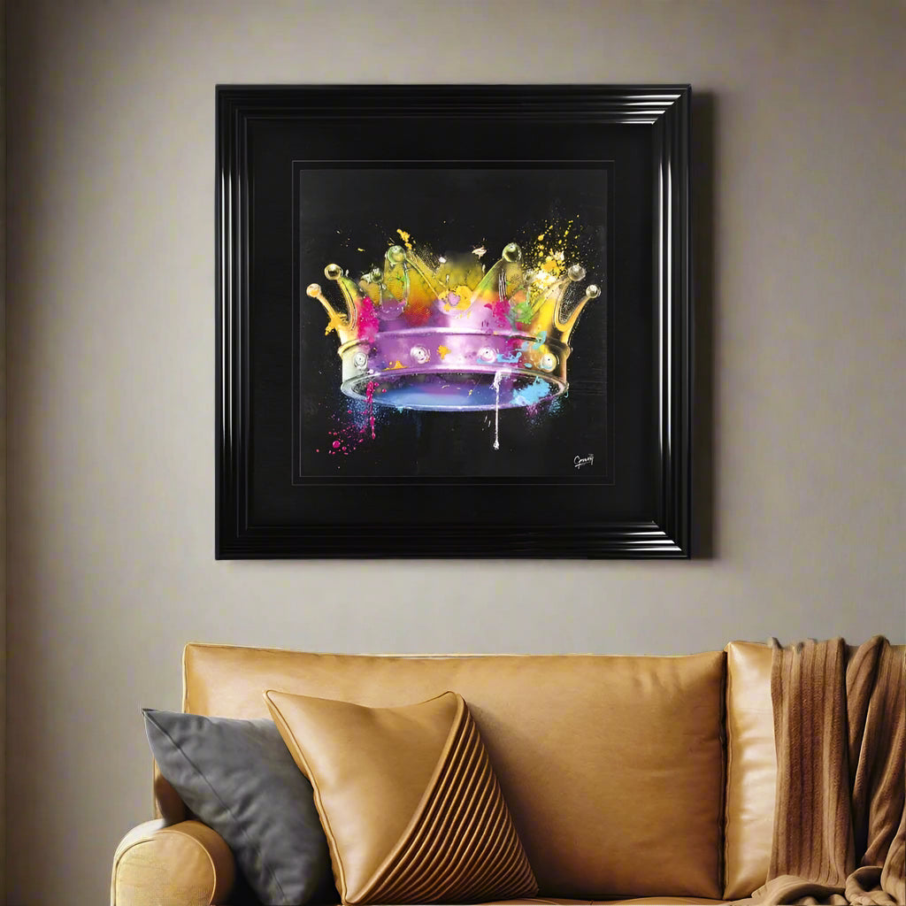Colourful King Crown Framed Wall Art by Greavesy – Hand Embellished | 55cm x 55cm
