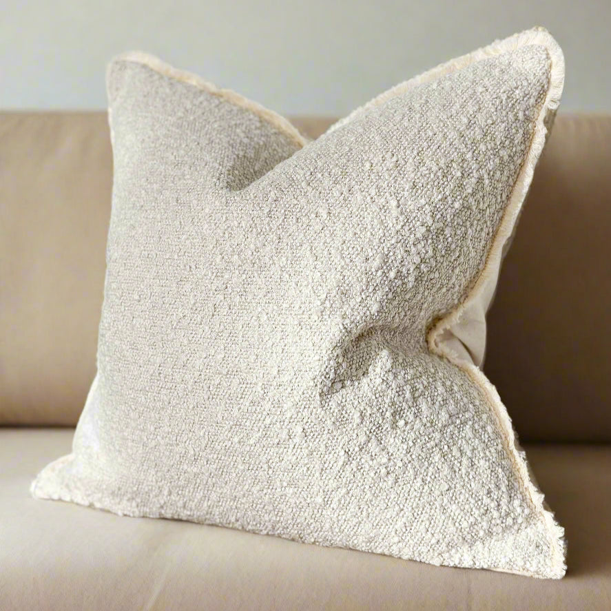 Cream Bouclé Cushion with Feather Pad – 45 x 45cm | Fringed Edge