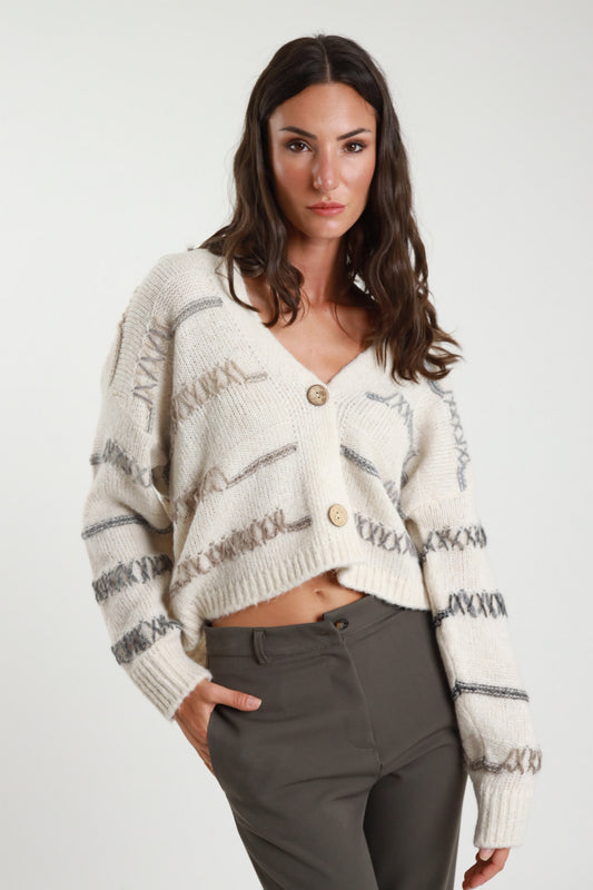 Cream Cardigan with Coloured Threads – Wool Blend Knit
