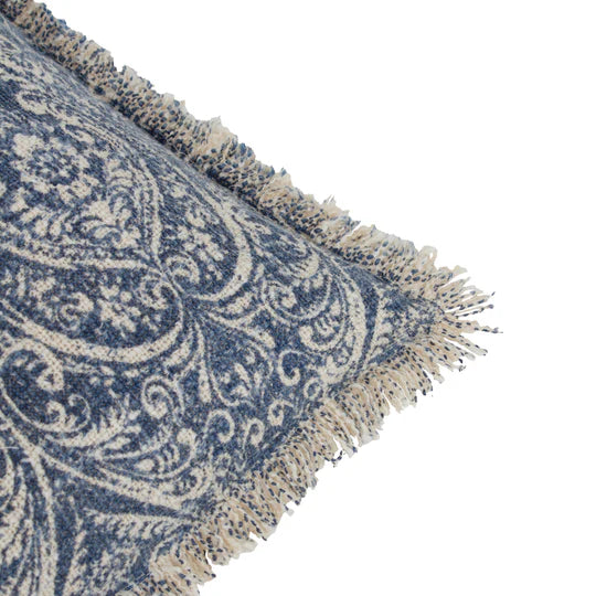 Damask Fringed Cushion – Delph Blue | 100% Cotton | 50 x 50cm
