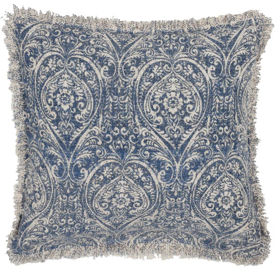 Damask Fringed Cushion – Delph Blue | 100% Cotton | 50 x 50cm