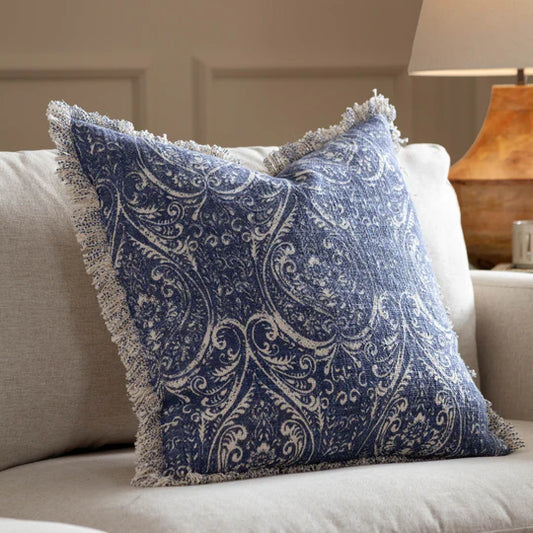 Damask Fringed Cushion – Delph Blue | 100% Cotton | 50 x 50cm