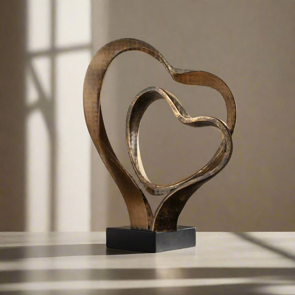 Double Heart Sculpture – Antique Gold & Black | Romantic Anniversary & Wedding Gift