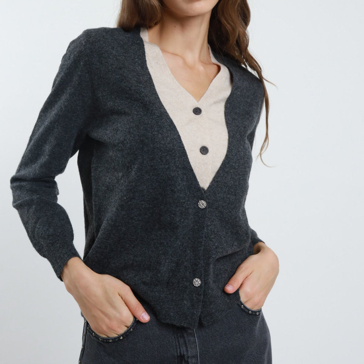 Double V-Neck Cardigan – Wool Blend - Grey