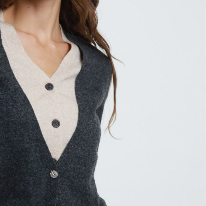 Double V-Neck Cardigan – Wool Blend - Grey