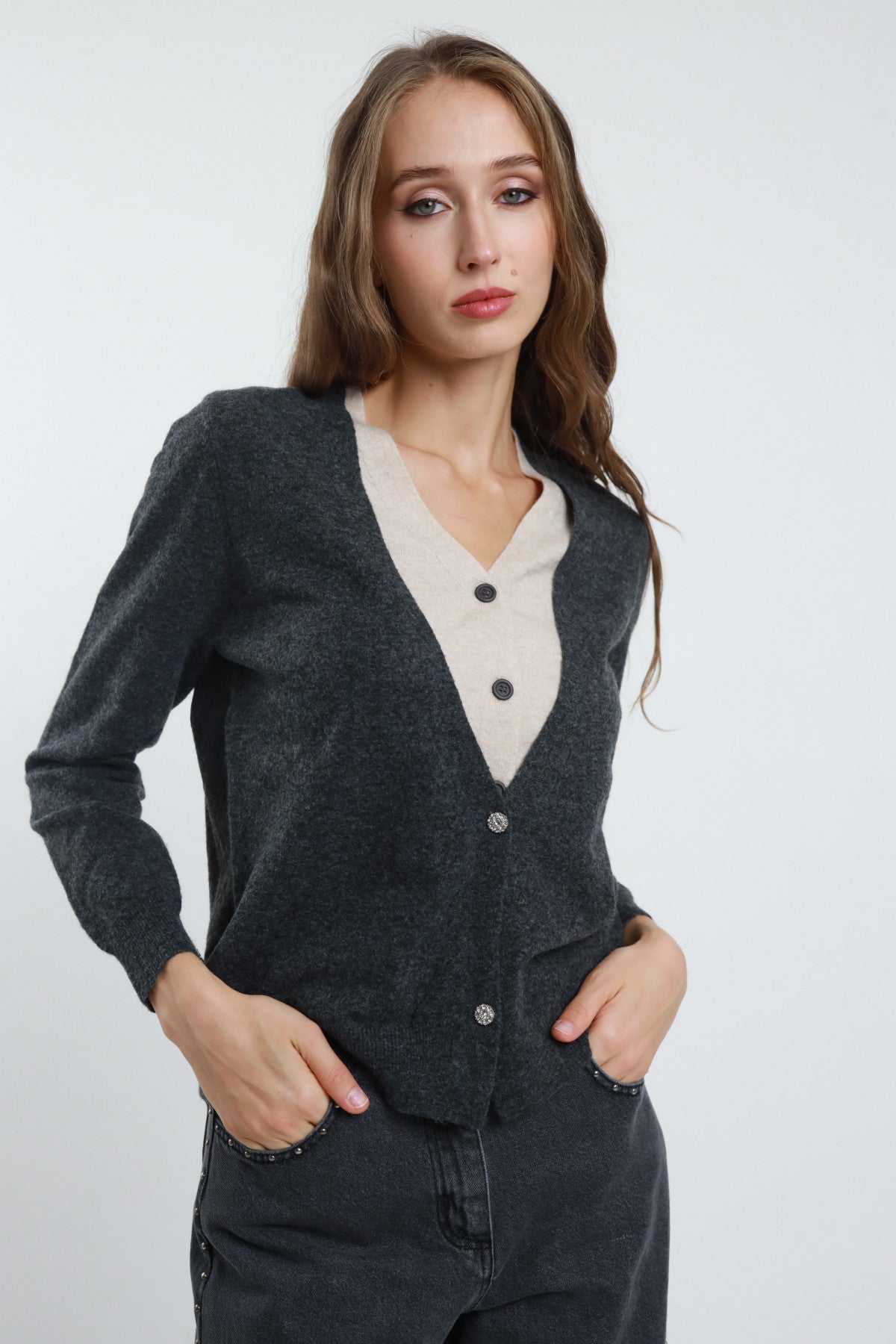 Double V-Neck Cardigan – Wool Blend - Grey