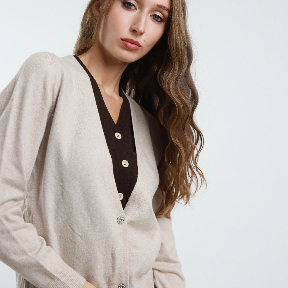 Double V-Neck Cardigan – Wool Blend - Oat