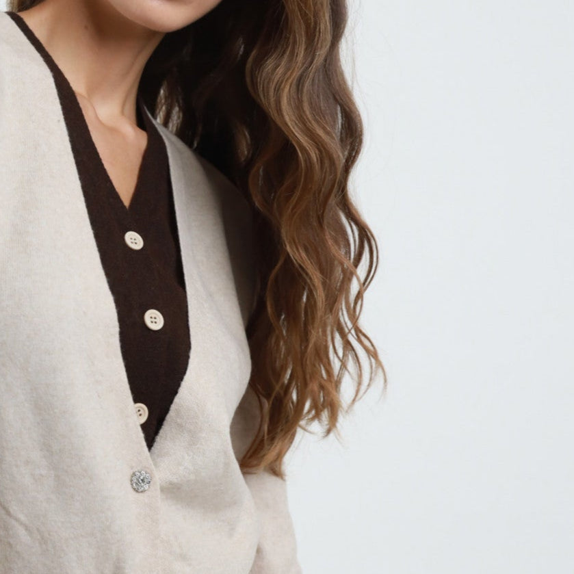 Double V-Neck Cardigan – Wool Blend - Oat