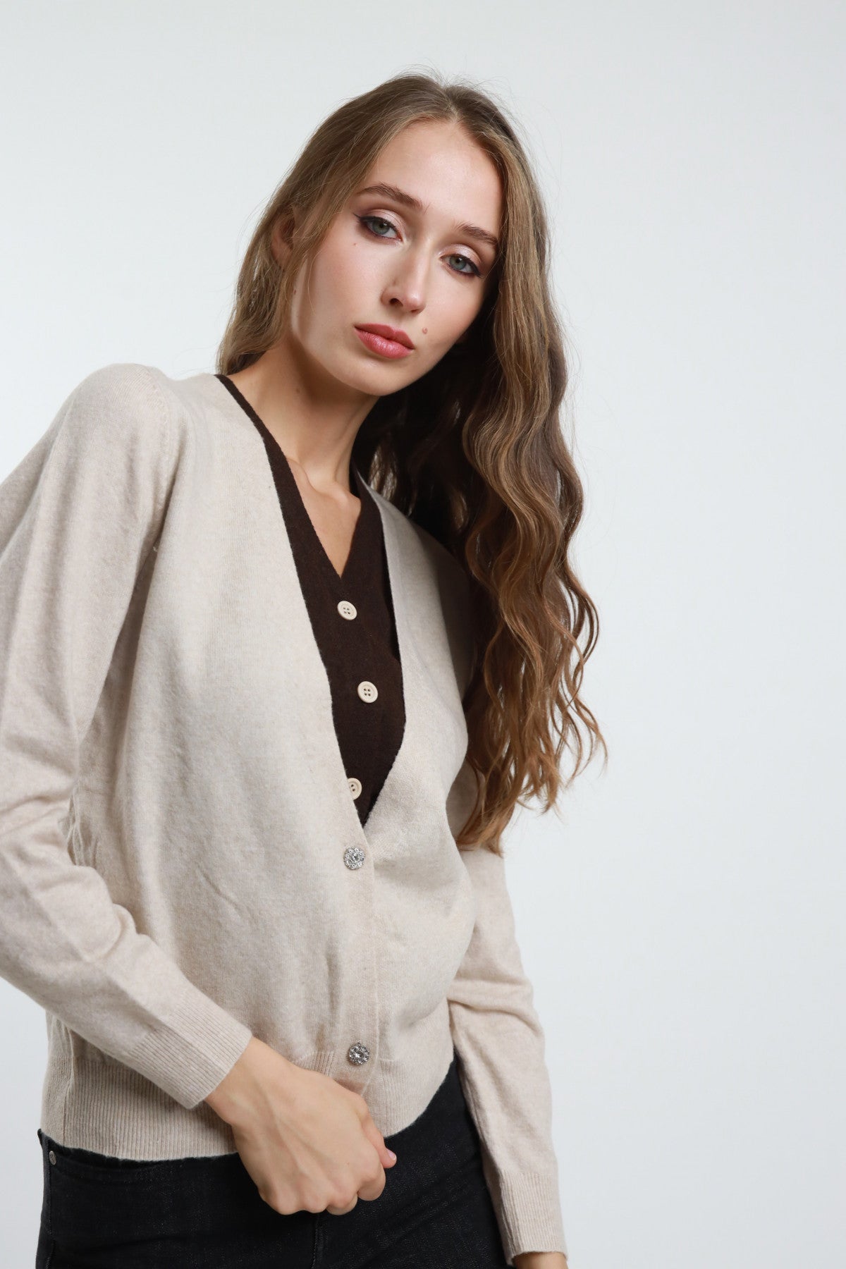 Double V-Neck Cardigan – Wool Blend - Oat