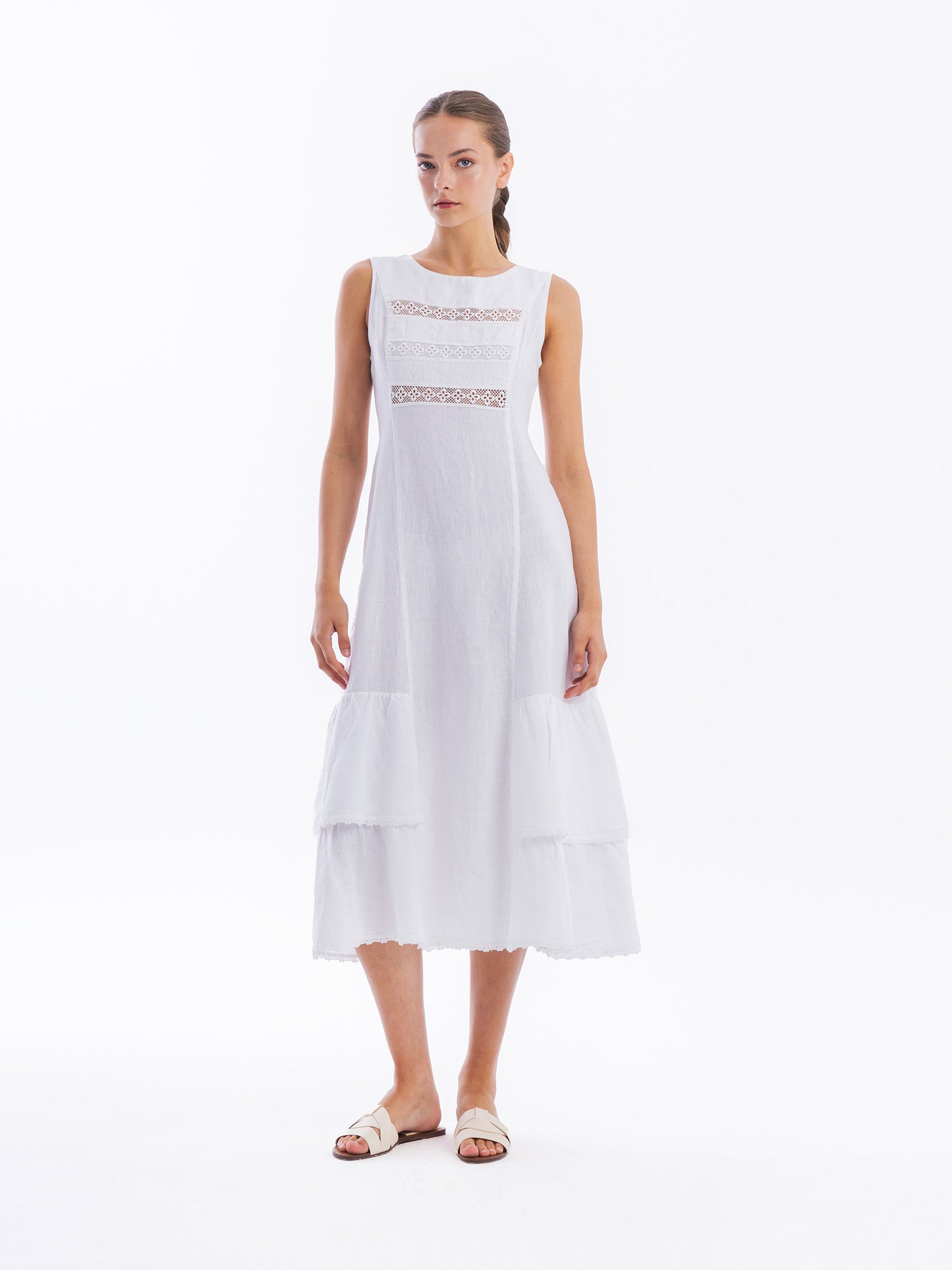 Linen Maxi Sleeveless Dress with Lace Trim & Ruffles — Haris Cotton