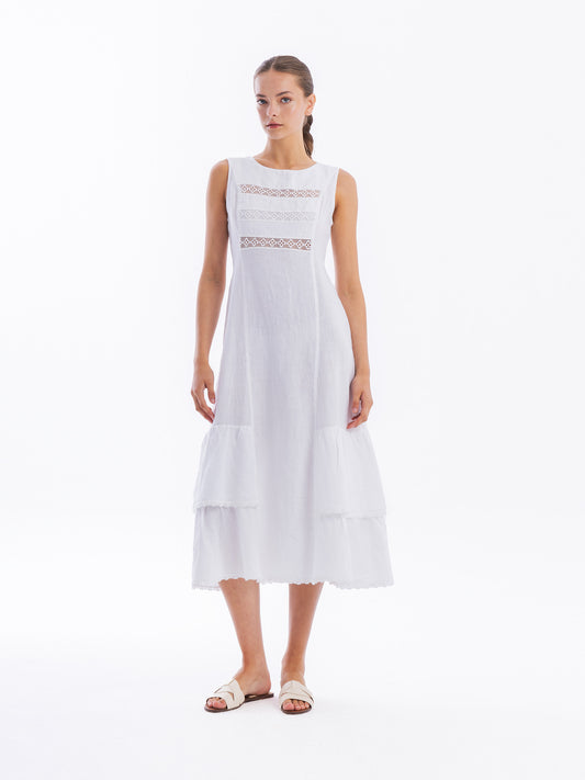 Linen Maxi Sleeveless Dress with Lace Trim & Ruffles — Haris Cotton