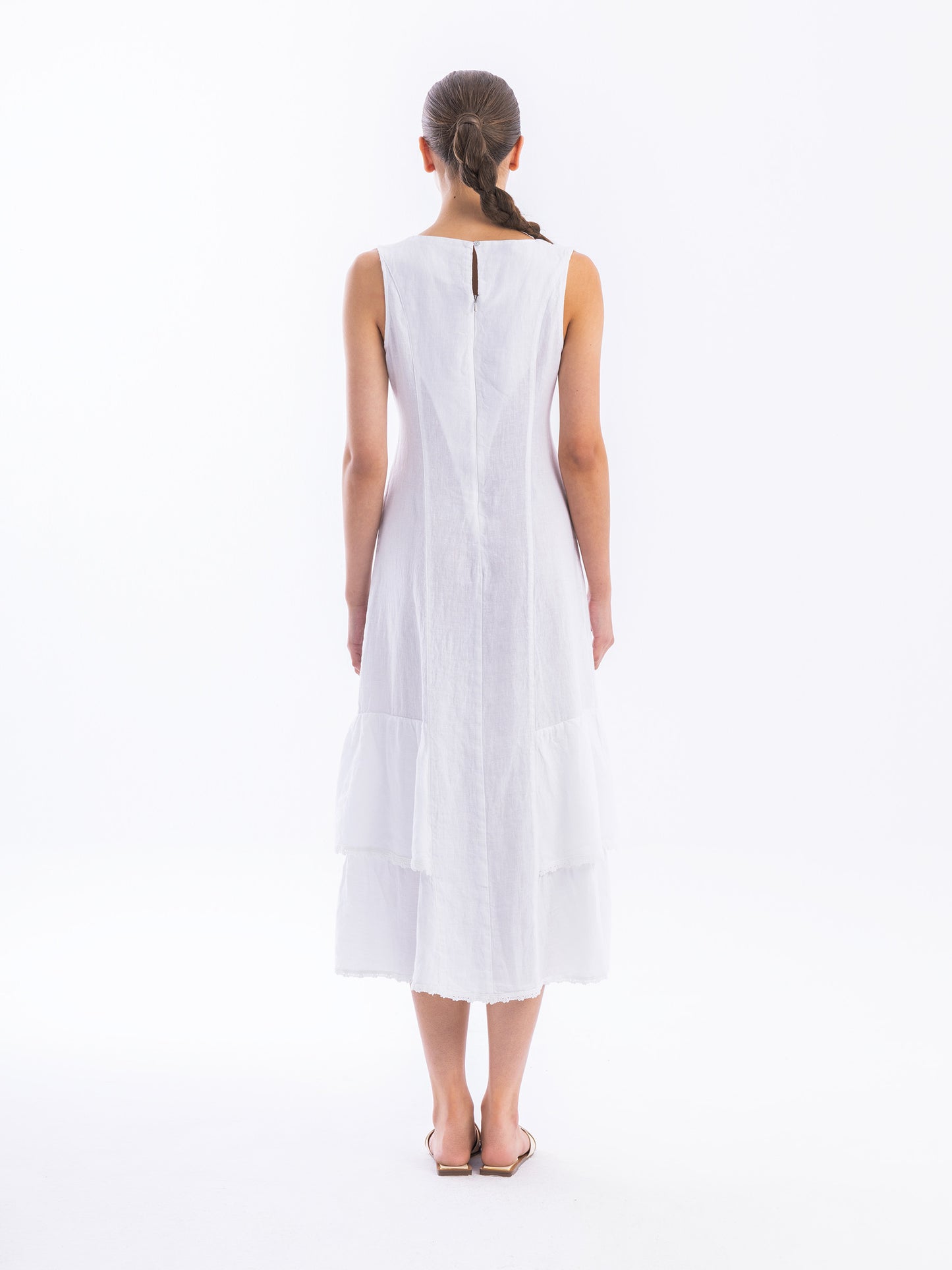 Linen Maxi Sleeveless Dress with Lace Trim & Ruffles — Haris Cotton