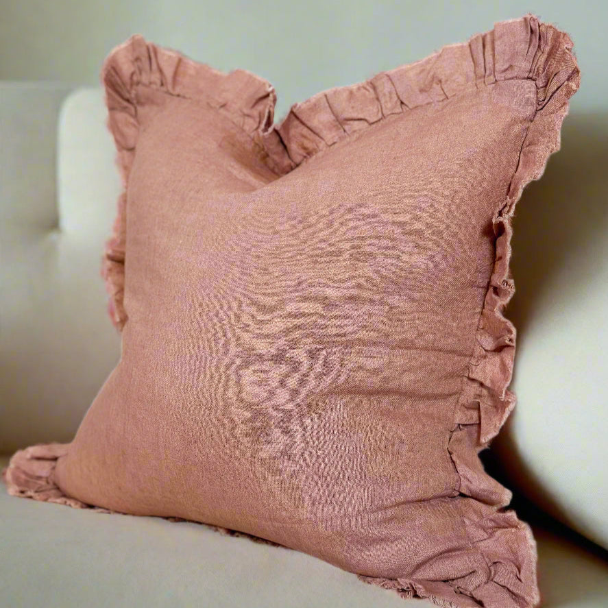 Dusty Pink Ruffled Linen Cushion with Feather Pad – 45 x 45cm | 100% Stonewashed Linen