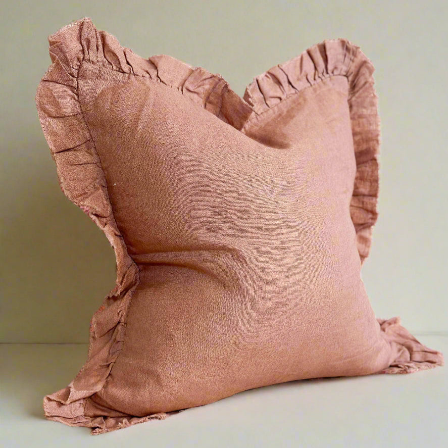 Dusty Pink Ruffled Linen Cushion with Feather Pad – 45 x 45cm | 100% Stonewashed Linen